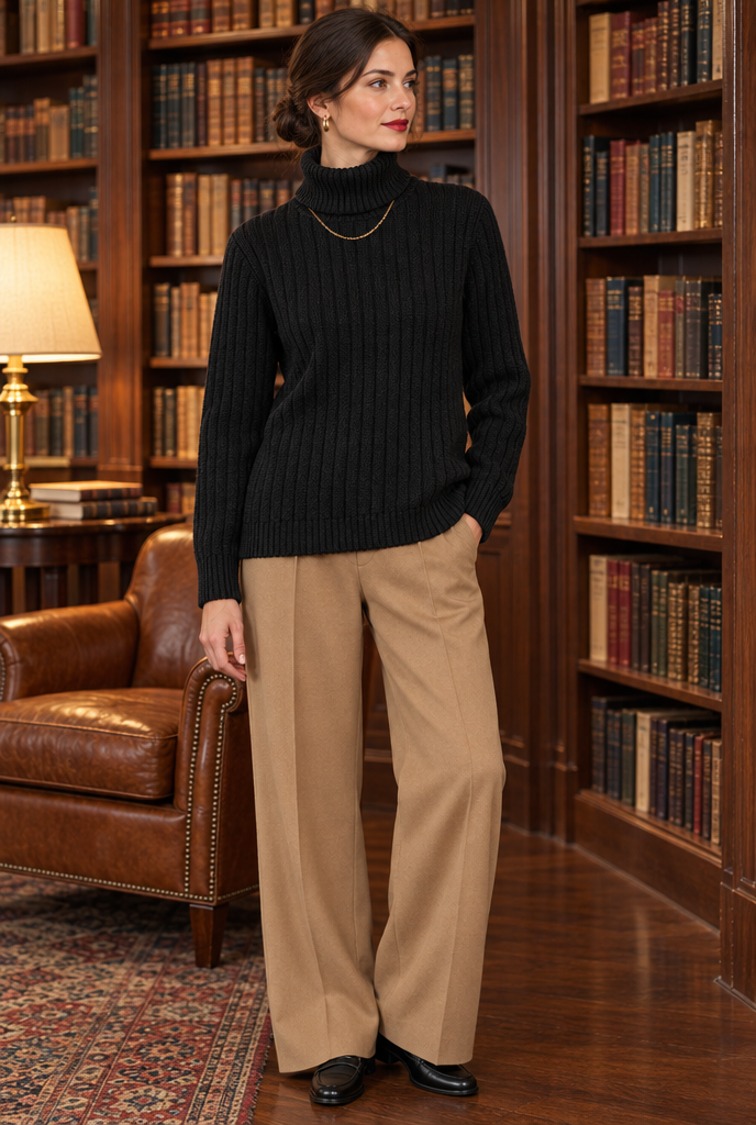 Black ribbed turtleneck sweater, lifestyle