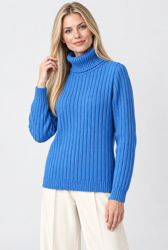 Pull col roulé classique en maille côtelée — Bleu cobalt — photo studio
