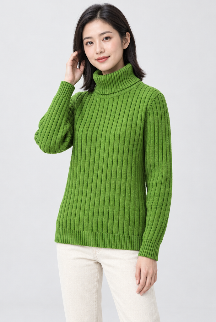 Grass Green ribbed turtleneck sweater, studio hero