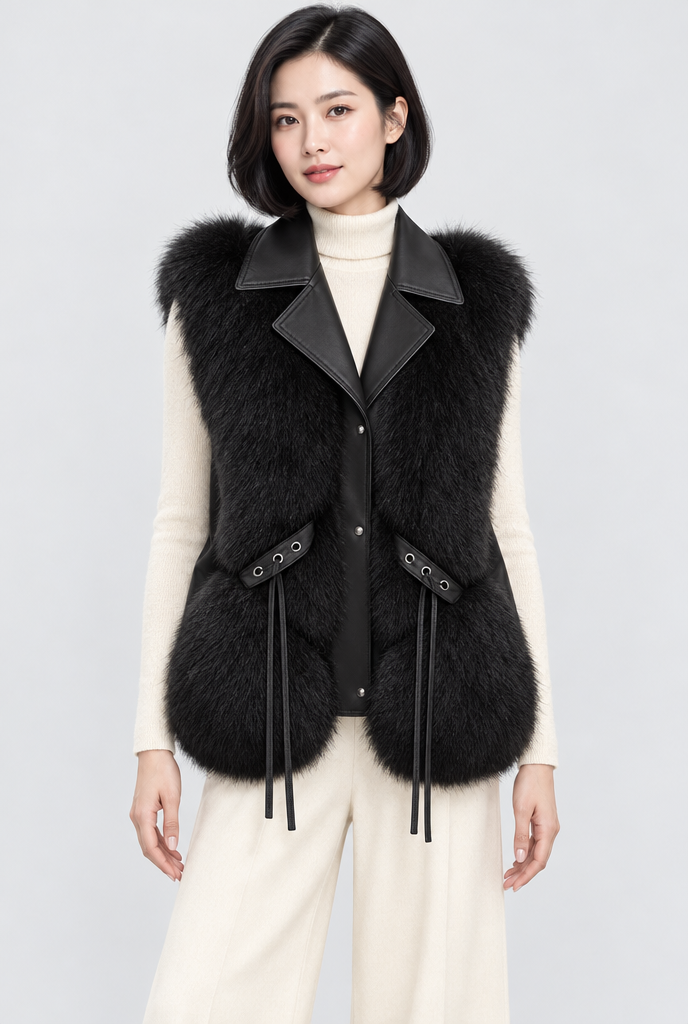 Gilet sans manches en fausse fourrure à revers simili cuir — Noir — studio
