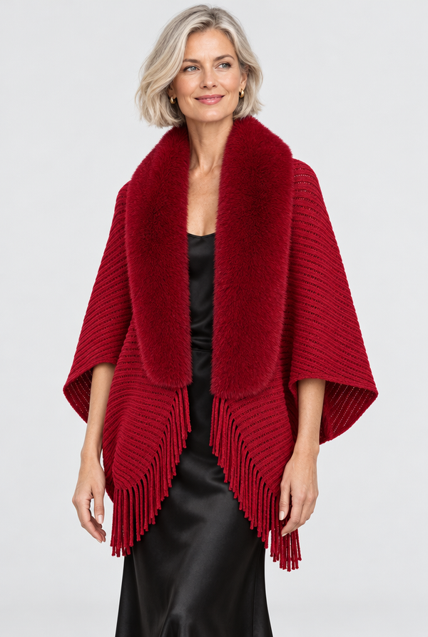 Faux Fur Collar Fringed Knit Shawl Wrap