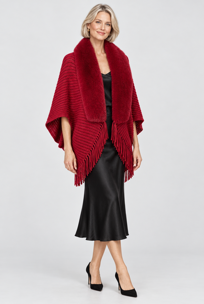 Châle en maille à franges et col en fausse fourrure — Rouge canneberge