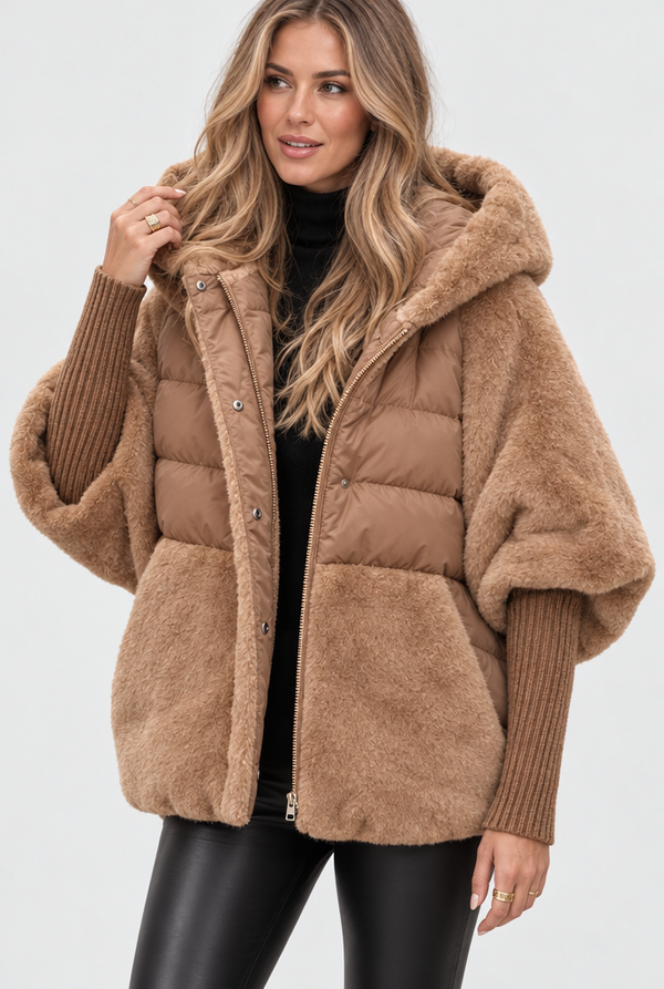 Hooded Faux Fur Patchwork Puffer Cocoon Jacket