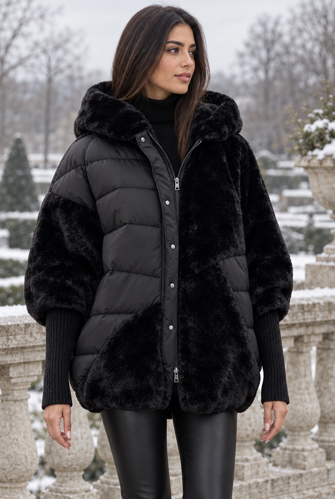 Doudoune cocon à capuche en patchwork fausse fourrure — Noir — en situation