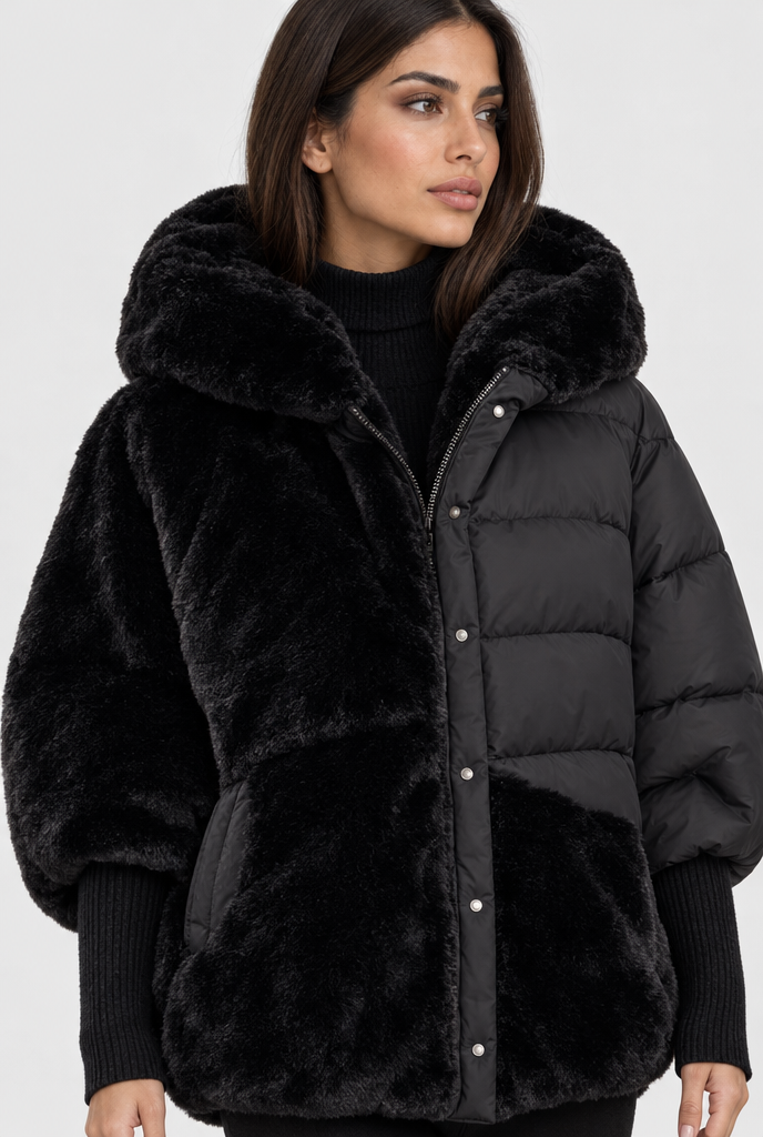 Doudoune cocon à capuche en patchwork fausse fourrure — Noir — détail du col