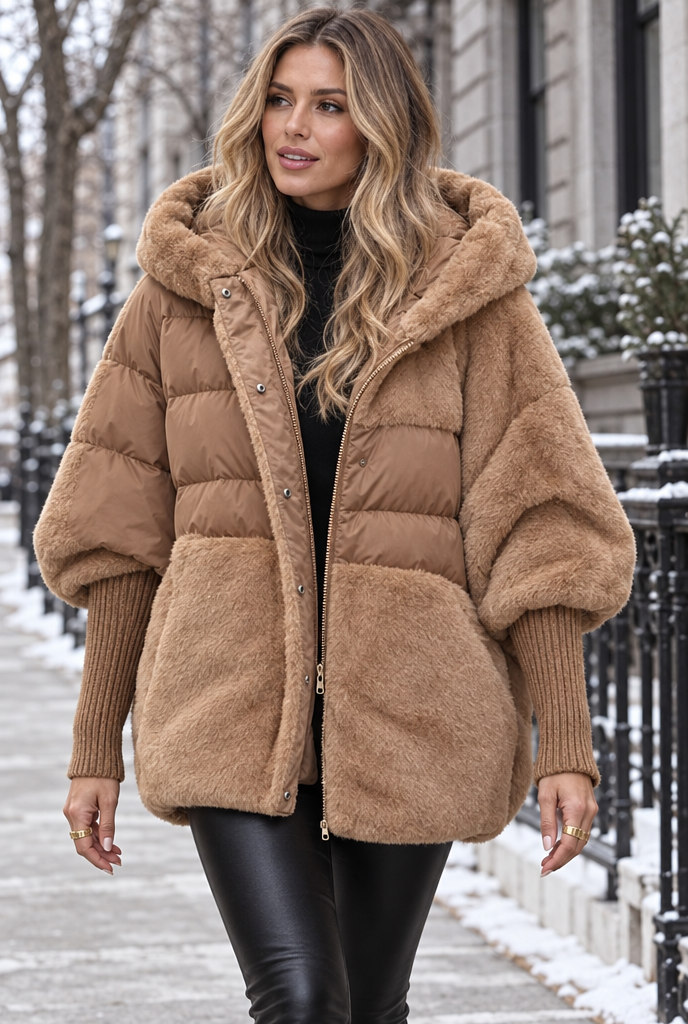 Doudoune cocon à capuche en patchwork fausse fourrure — Camel — en situation