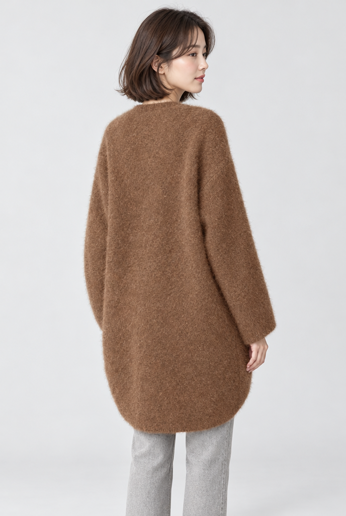 Long cardigan col rond en maille duveteuse — Cannelle — vue de dos