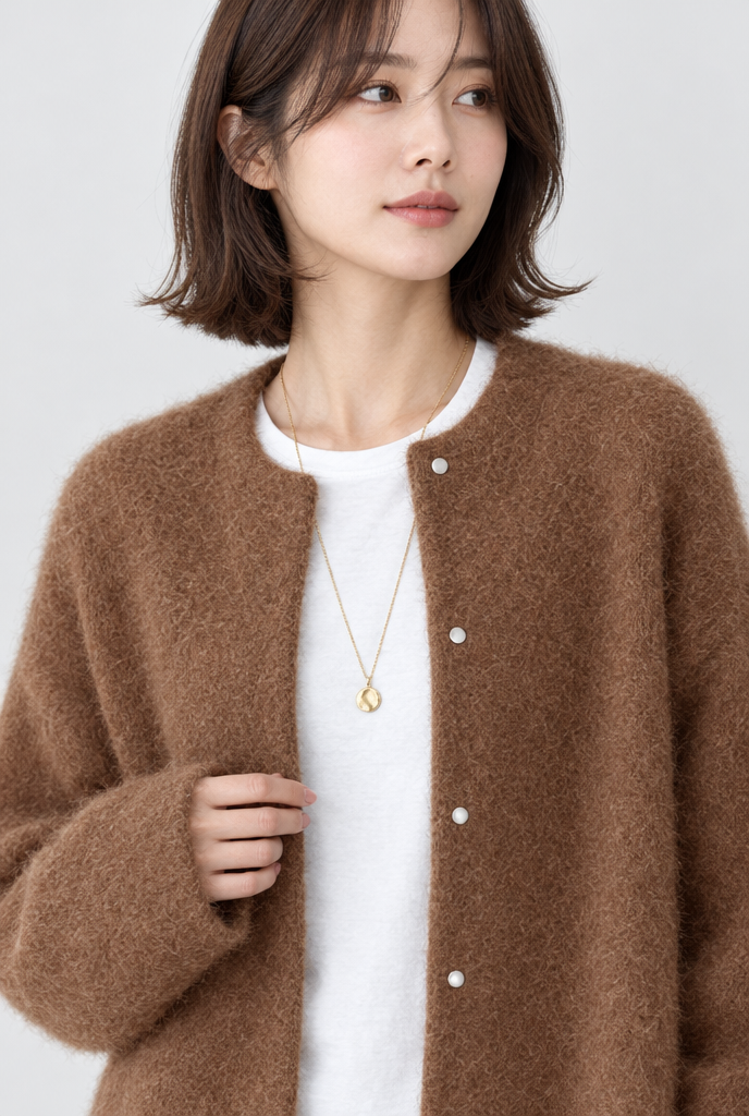 Long cardigan col rond en maille duveteuse — Cannelle — détail du col