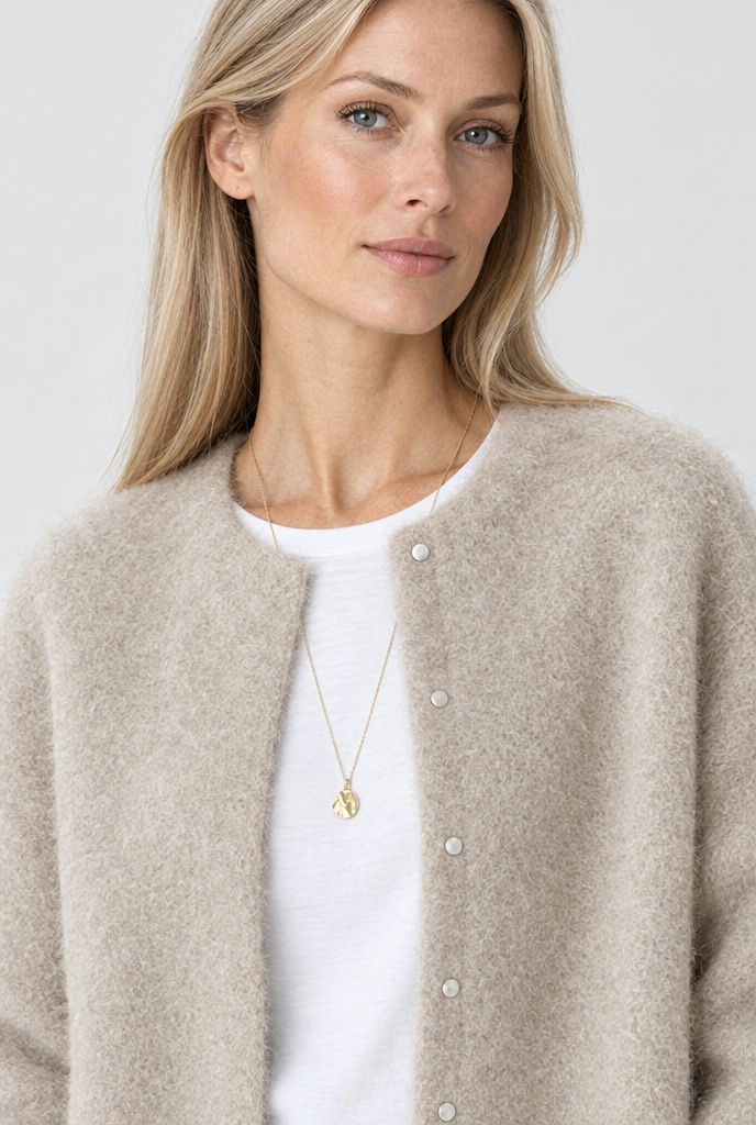 Long cardigan col rond en maille duveteuse — Flocon d’avoine — détail du col