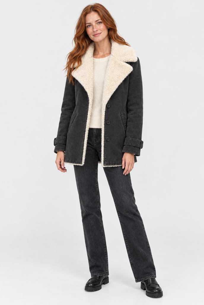 Veste boutonnée doublée sherpa à grand col — Noir — silhouette complète