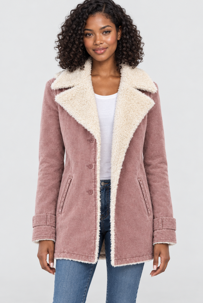 Veste boutonnée doublée sherpa à grand col — Rose ancien — photo studio