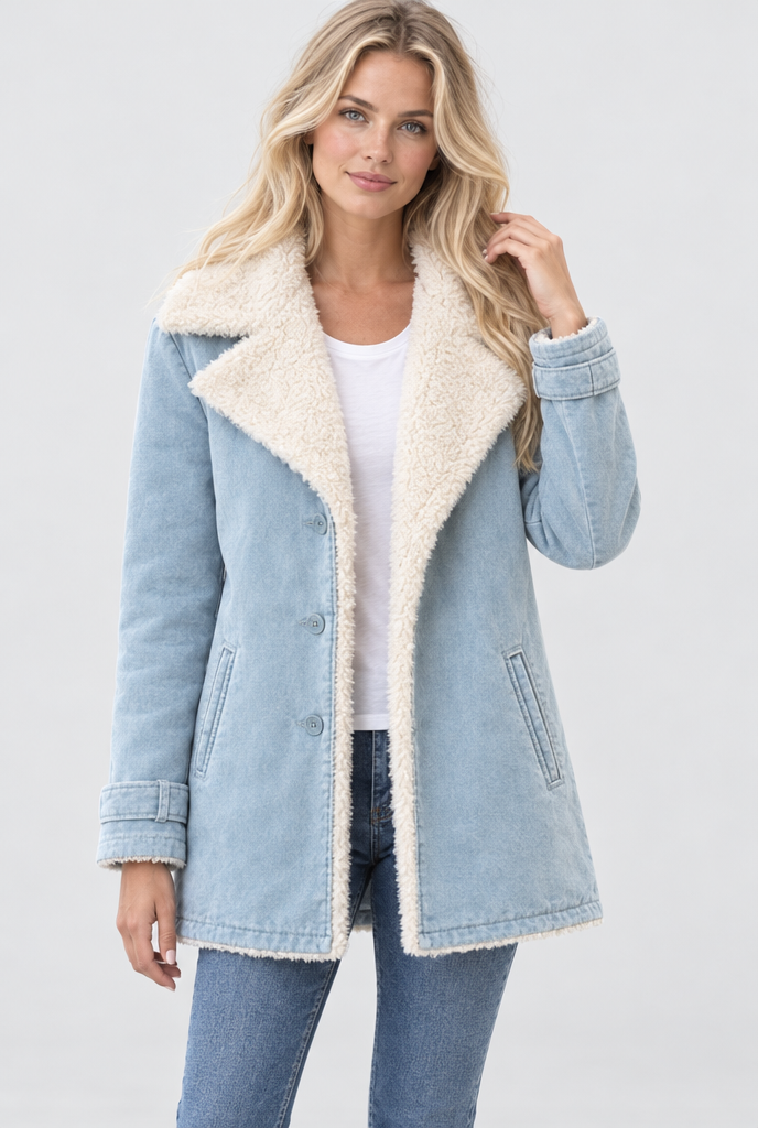 Veste boutonnée doublée sherpa à grand col — Bleu ciel — photo studio