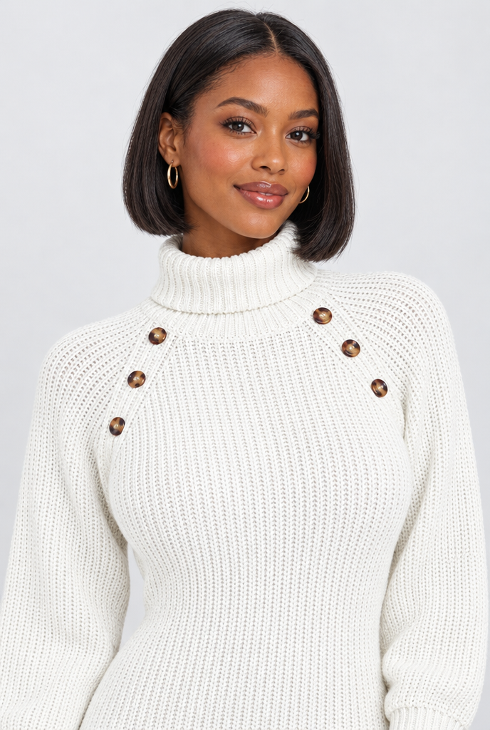 Robe pull col roulé en maille côtelée, épaule boutonnée — Ivoire — gros plan