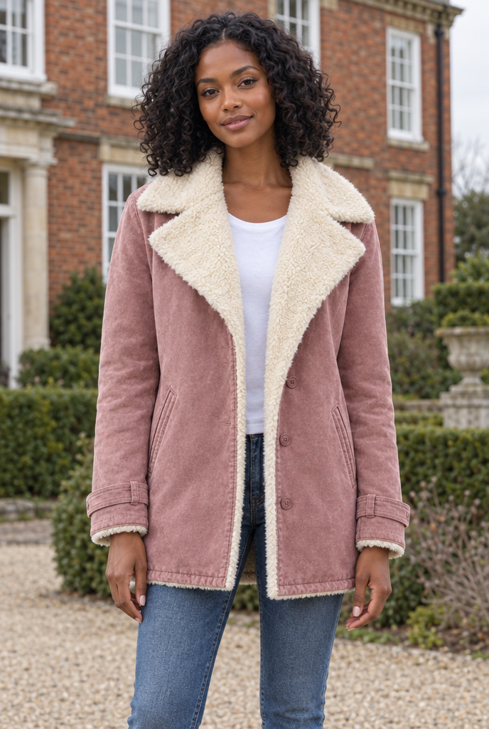 Veste boutonnée doublée sherpa à grand col — Rose ancien — en situation