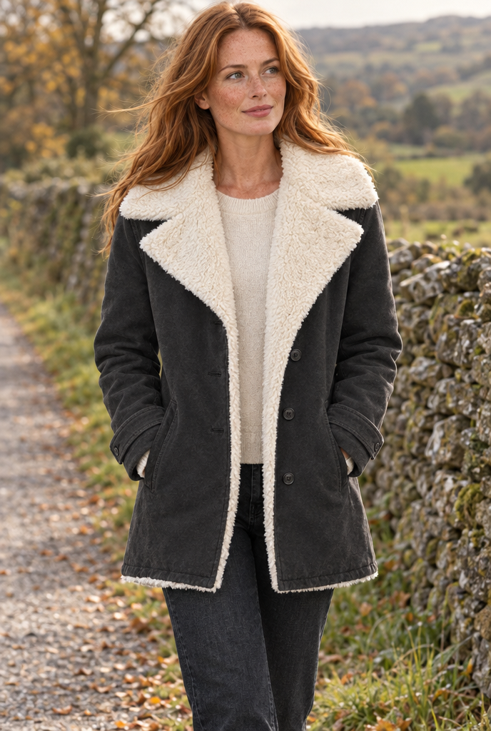 Veste boutonnée doublée sherpa à grand col — Noir — en situation