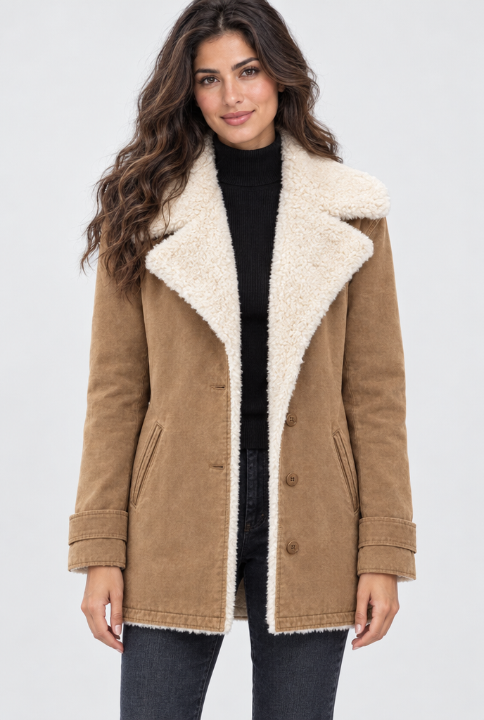 Veste boutonnée doublée sherpa à grand col — Camel — photo studio