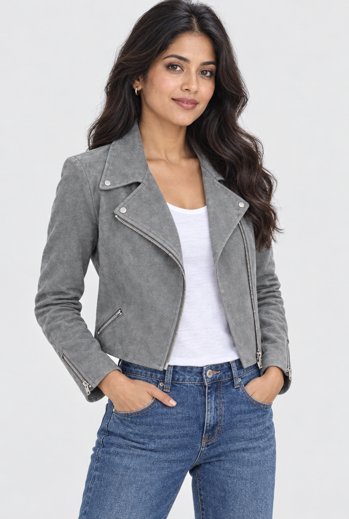 Stone Grey faux suede cropped moto jacket, hero