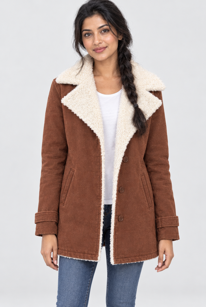 Veste boutonnée doublée sherpa à grand col — Châtaigne — photo studio