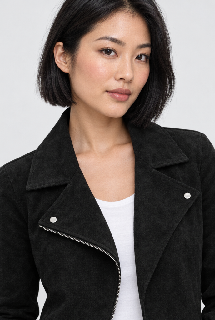 Black faux suede cropped moto jacket, collar