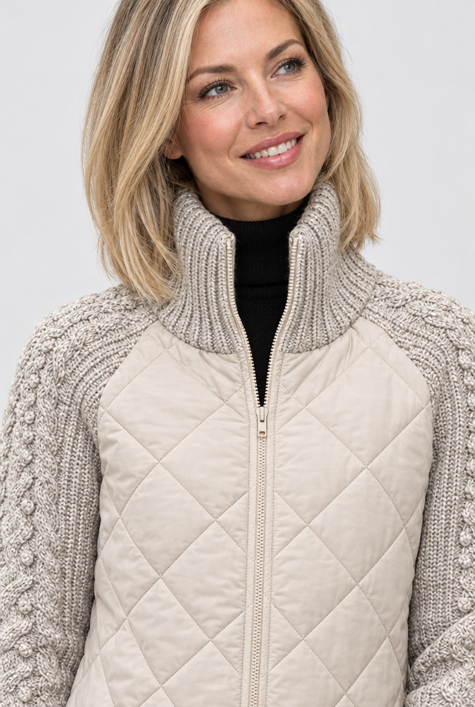 Veste matelassée zippée à manches en maille torsadée — Flocon d’avoine — col