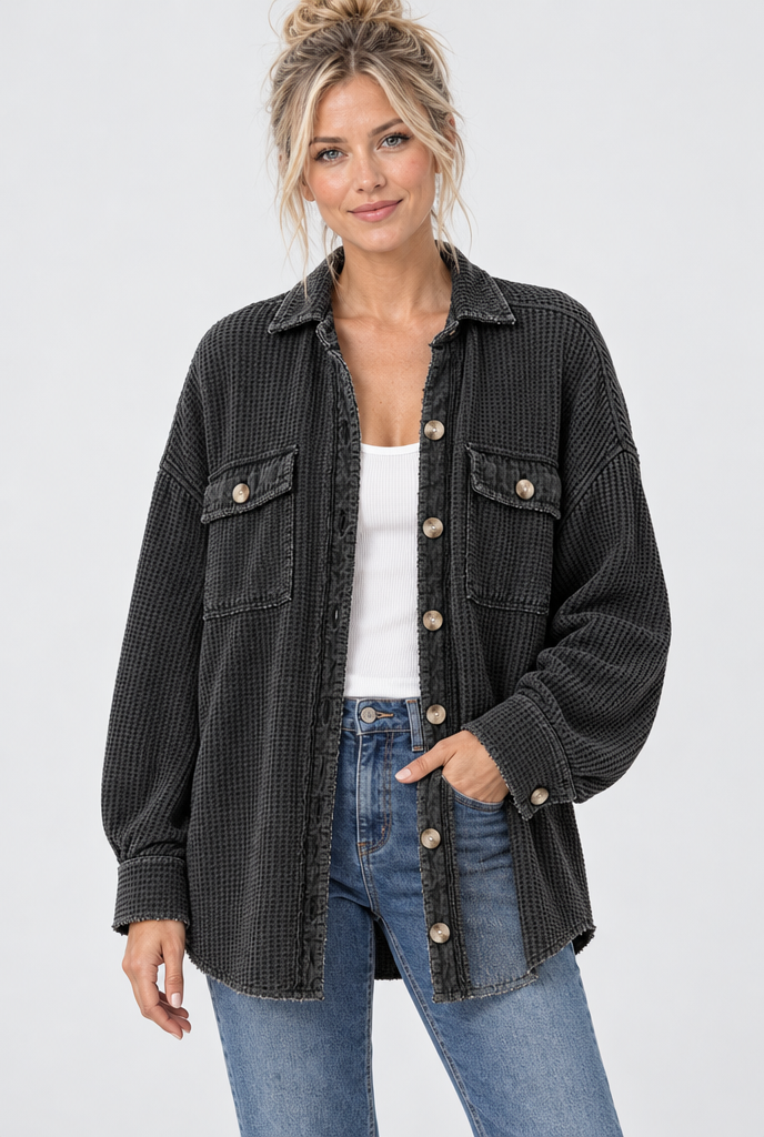 Surchemise oversize en maille gaufrée — Noir — photo studio