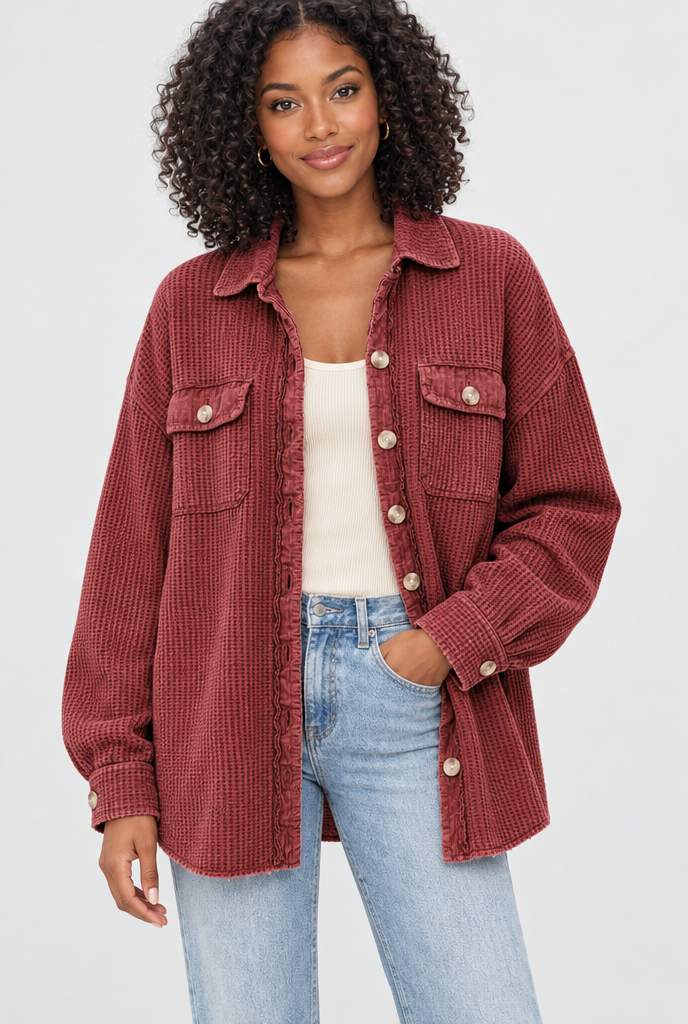 Surchemise oversize en maille gaufrée — Bordeaux — photo studio