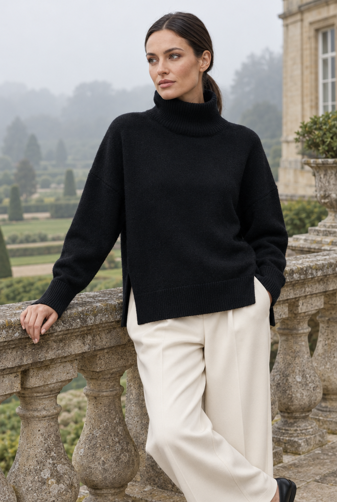 Pull col roulé oversize fendu sur les côtés — Noir — en situation