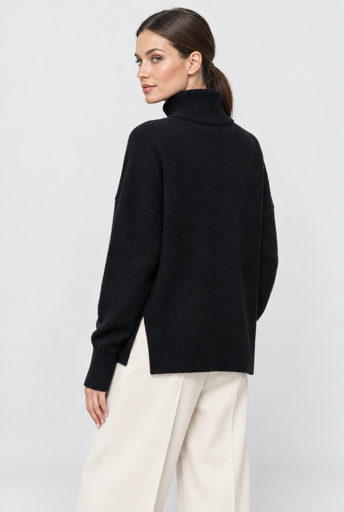 Pull col roulé oversize fendu sur les côtés — Noir — vue de dos
