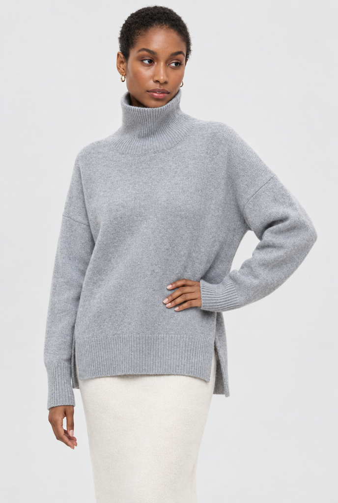 Pull col roulé oversize fendu sur les côtés — Gris chiné clair — photo studio