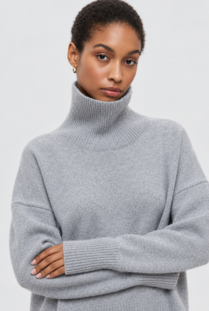 Pull col roulé oversize fendu sur les côtés — Gris chiné clair — détail du col