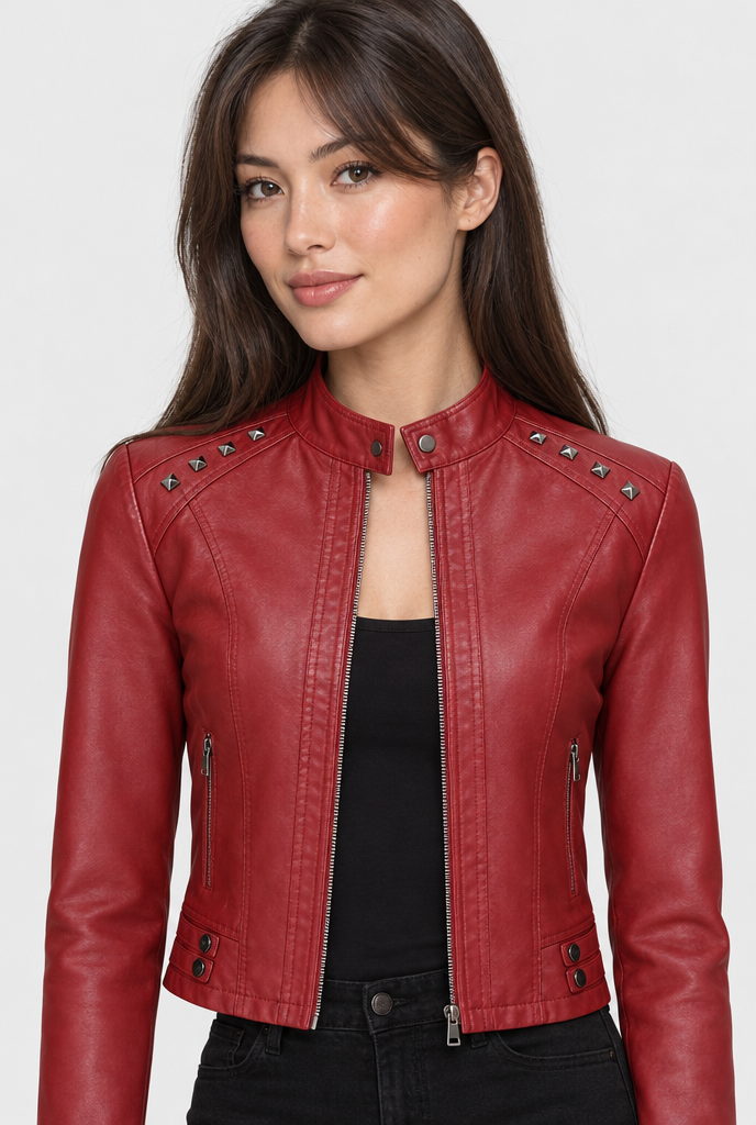 Blouson motard clouté col montant en simili cuir — Lie-de-vin — détail du col