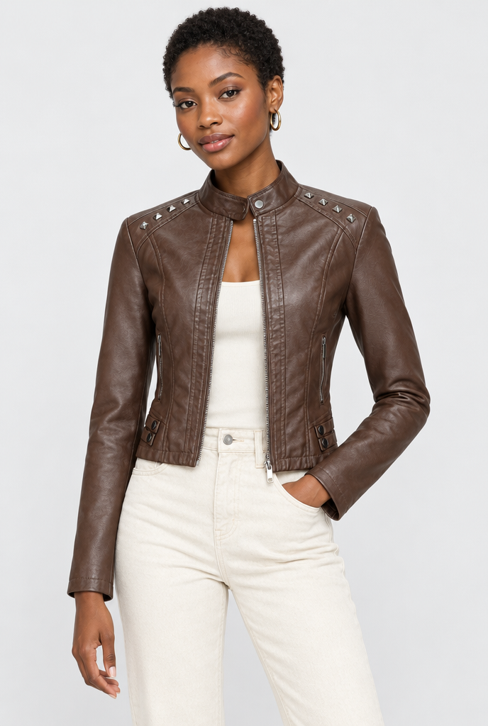 Chocolate studded moto jacket, studio hero