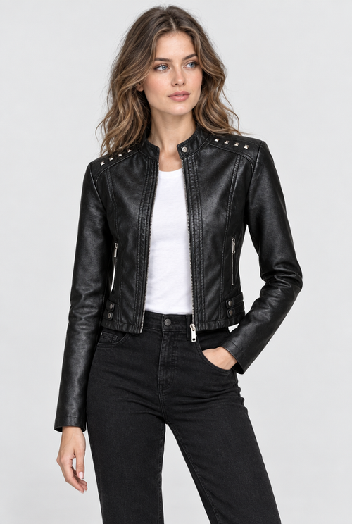 Blouson motard clouté col montant en simili cuir — Noir — photo studio