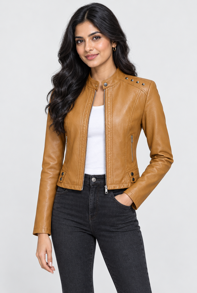 Cognac studded moto jacket, studio hero