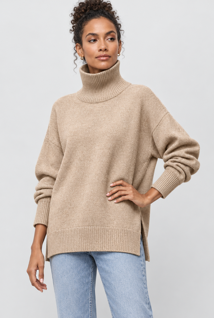 Pull col roulé oversize fendu sur les côtés — Flocon d’avoine — photo studio