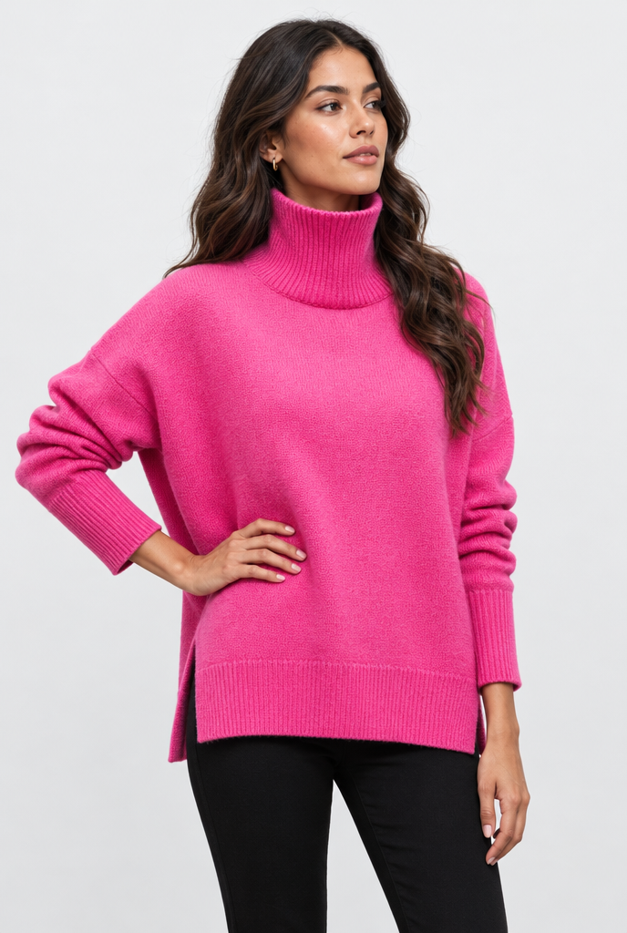 Pull col roulé oversize fendu sur les côtés — Rose vif — photo studio