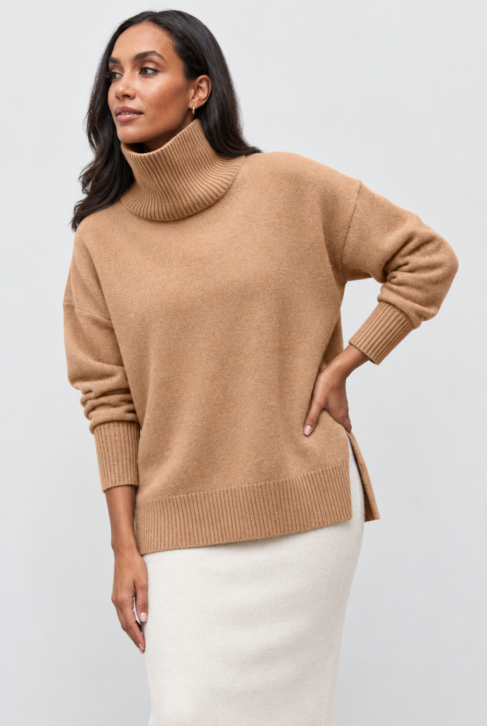 Pull col roulé oversize fendu sur les côtés — Camel — photo studio