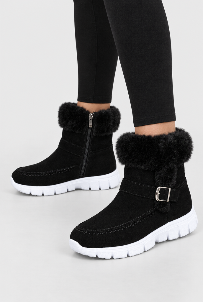 Bottes de neige à revers en fausse fourrure et boucle — Noir
