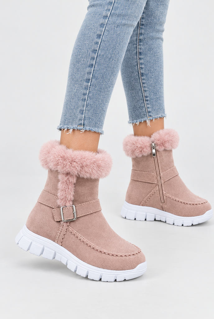 Bottes de neige à revers en fausse fourrure et boucle — Rose poudré