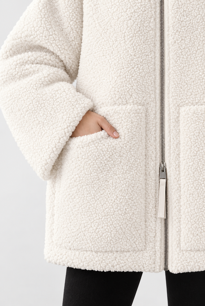 Veste zippée oversize en polaire sherpa — Ivoire — détail
