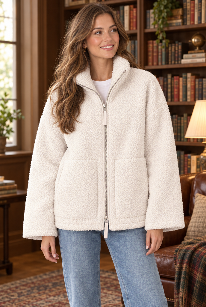 Veste zippée oversize en polaire sherpa — Ivoire — en situation