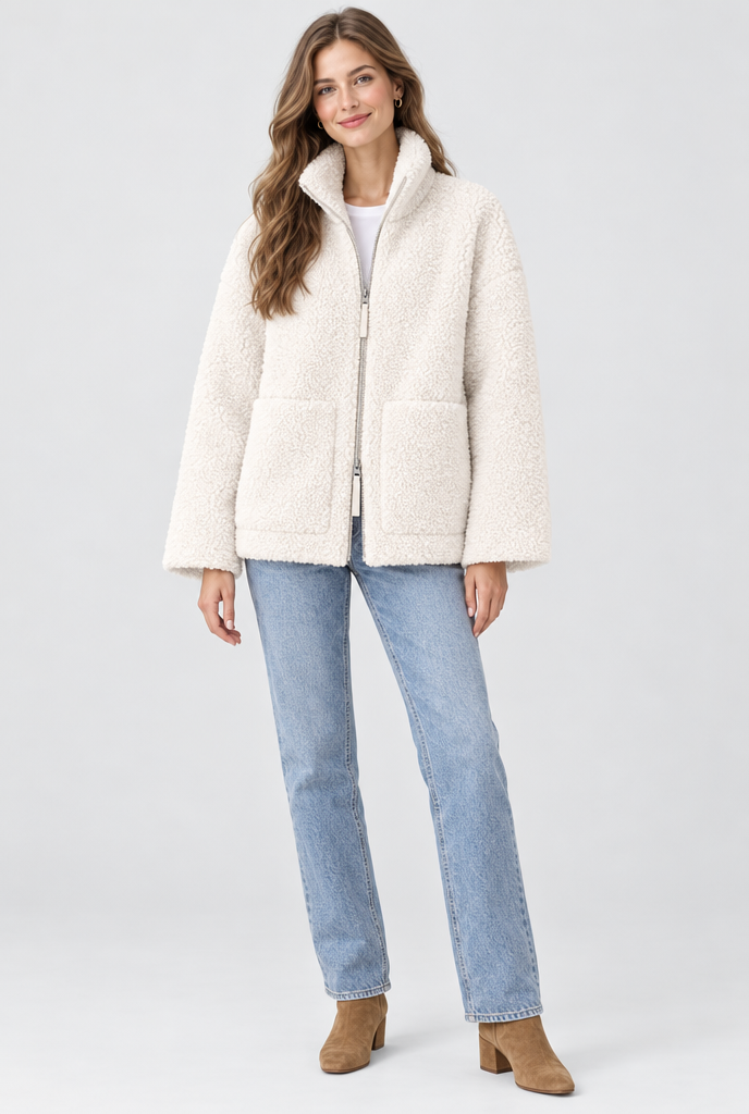 Ivory sherpa zip jacket, full body