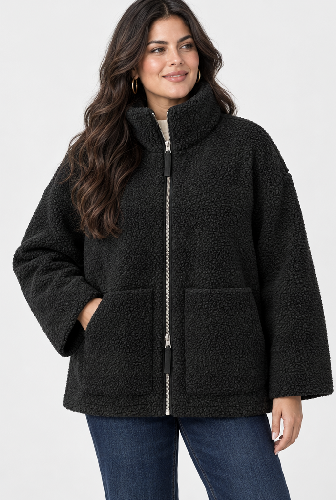 Veste zippée oversize en polaire sherpa — Noir — photo principale