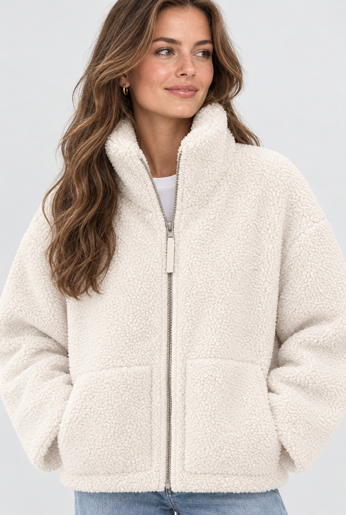 Veste zippée oversize en polaire sherpa — Ivoire — col