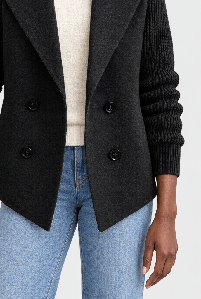Manteau croisé effet laine à manches en maille — Noir — détail