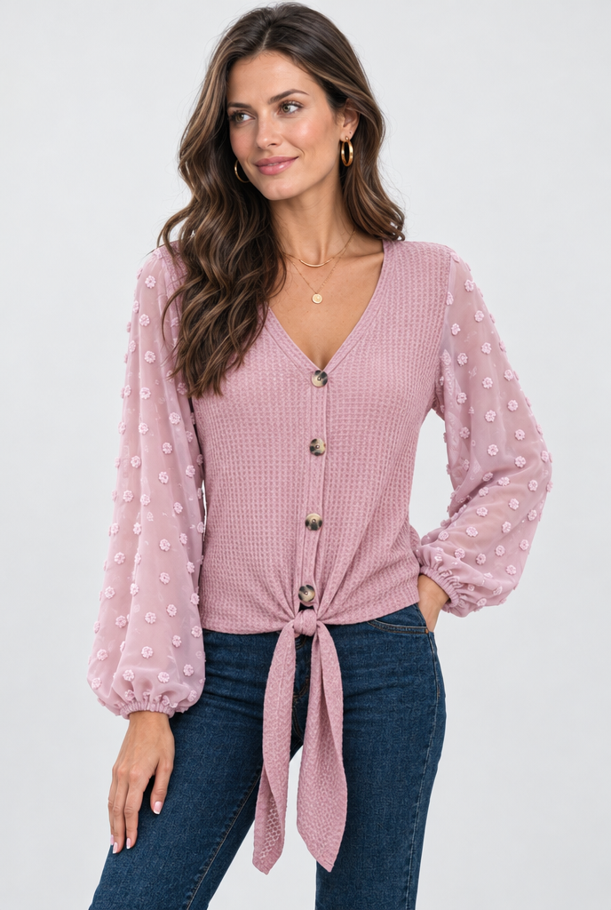 Haut boutonné en maille gaufrée, manches plumetis — Vieux rose — photo studio