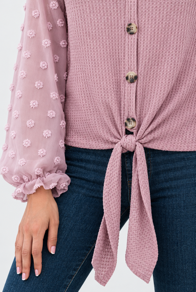 Haut boutonné en maille gaufrée, manches plumetis — Vieux rose — détail