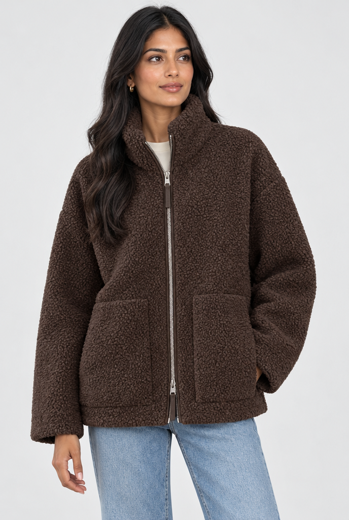 Veste zippée oversize en polaire sherpa — Chocolat — photo principale