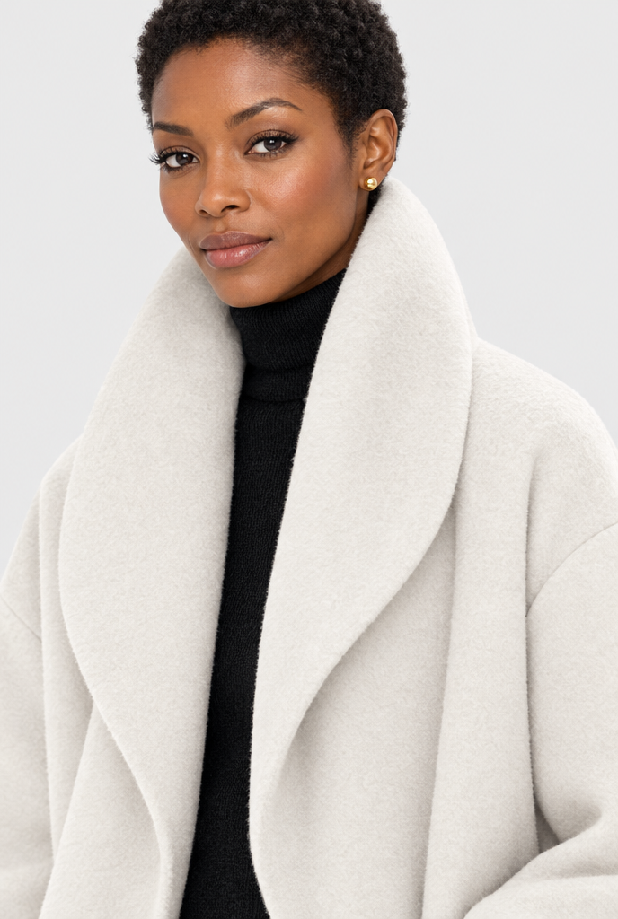Winter White shawl-collar swing coat, shawl collar close-up