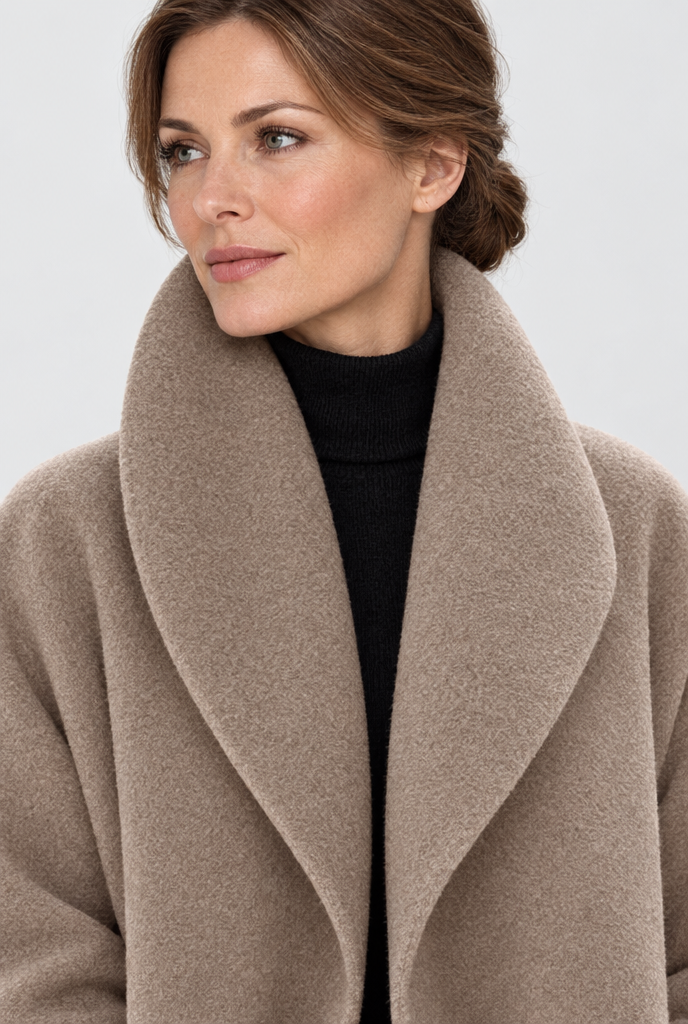 Camel shawl-collar swing coat, shawl collar close-up